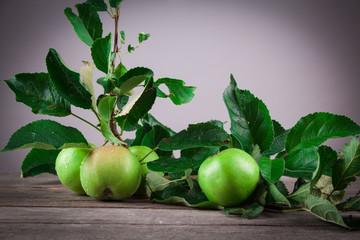 Summer green apple on the wooden table