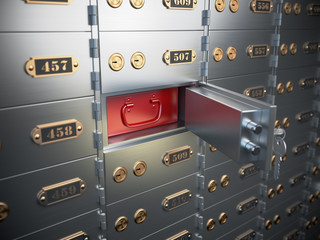 Safe deposit boxes with open one safe cell. - obrazy, fototapety, plakaty