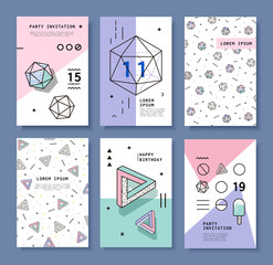 A Set of Cards with Geometric Elements Memphis. Bright Composition Hipster Party, Festival, Birthday Card. Complex Shapes Diamond. - 108569997