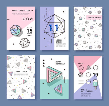 A Set of Cards with Geometric Elements Memphis. Bright Composition Hipster Party, Festival, Birthday Card. Complex Shapes Diamond.