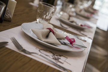 arranged plate with a red ribbon