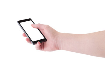 Right hand holding big touch screen smart phone, angle view, isolated on white, clipping path