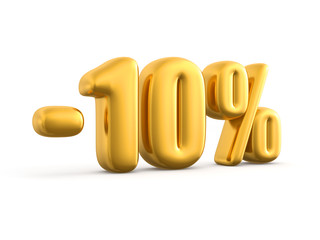 10 Percent discount gold, 3d render illustration.