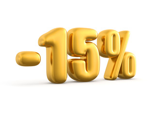 15 Percent discount gold, 3d render illustration.