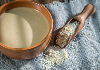 Bowl of tahini with sesame seeds