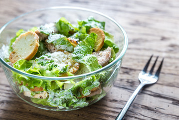 Bowl of chicken Caesar salad