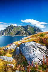 View to Norwegian mountains in Henningsvaer, Lofoten, Norway.