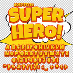 Comic yellow alphabet set. Letters, numbers and figures for kids' illustrations