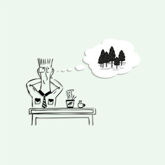 Dreams of a trip to the woods, during the lunch break at work. Vector illustration.