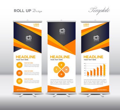 Orange Roll Up Banner template and info graphics elements, stand