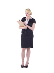 businesswoman writing on clipboard