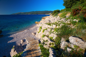 Erstaunlicher felsiger Strand mit kristallklarem Meerwasser mit Pinien an der Küste der Adria, Istrien, Kroatien