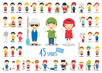 Obraz na płótnie Canvas Big Set of 45 cute cartoon sport characters for kids. Funny cartoon boys. Olympics Sports vector illustrations