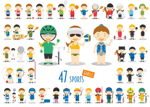 Big Set of 47 cute cartoon sport characters for kids. Funny cartoon girls. Olympics Sports vector illustrations