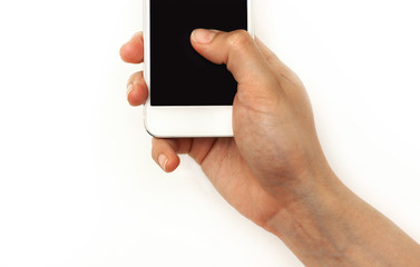 Hand holding mobile phone, pressing with thumb on screen,isolate