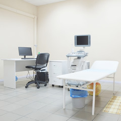 Interior of medical room with ultrasound diagnostic equipment