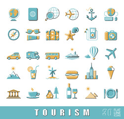 Set of premium quality flat line tourism icons. Collection of icons.for travel, journey, vacation, trips, means of transport. Infographics elements collection. Web graphics.