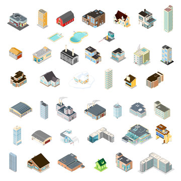 Large Icon set of isometric buildings.
Various vector isometric architecture.