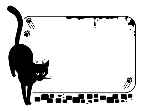 Vector frame with silhouette of a black stray cat.