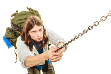 Mountaineer hiking climbing rock mountain.