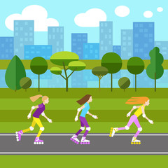 Three girls rollerblading