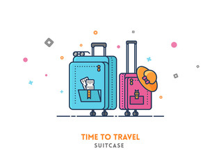 Time to travel concept. Suitcase flat outline vector icon illustration.