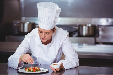 Chef sprinkling spices on dish