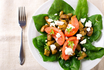 Eggplant salad with tomatoes, feta cheese, spinach and greens