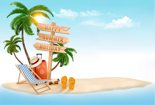 Beach with a palm tree, a direction sign and a beach chair. Summ