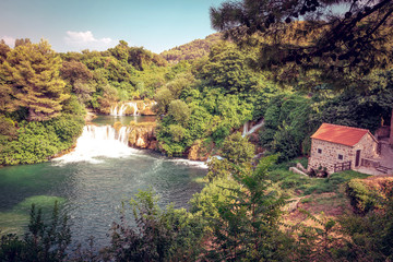 Krka river with waterfalls, cascades