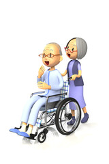 妻に車いすを押してもらう老人