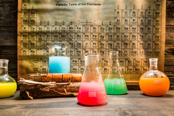 Old chemical lab with color beakers