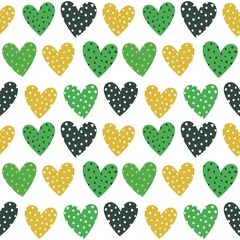 Cute Green and Yellow Hearts With Dots Seamless Pattern