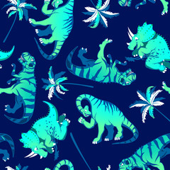Dinosaurs with palm trees in a seamless pattern