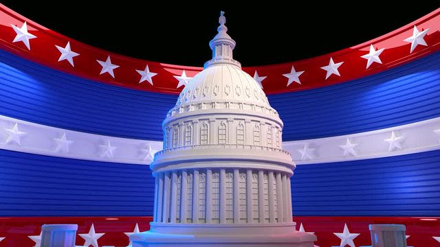 A looping animated Background featuring the US Capitol building against a moving background of stars and stripes. 