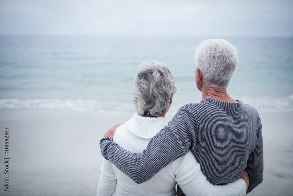 Wall mural rear view of senior couple embracing on beach