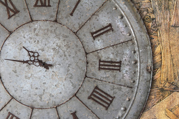 Wall clock old rusty grunge on wooden wall background, (with clipping path)