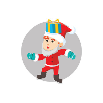 Santa boy stabilizing gift on head