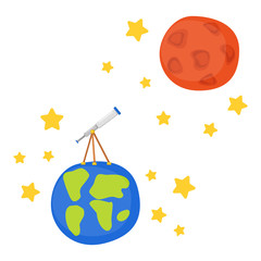 Vector cartoon telescope on Earth to Mars