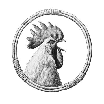Rooster in a round wicker frame. Pencil illustration.
