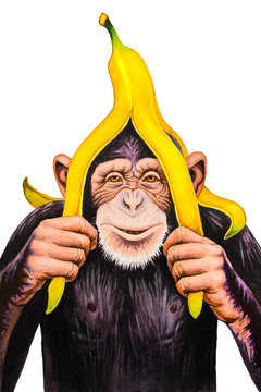 Chimpanzee with a banana peel on his head. Watercolor illustration.