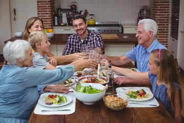 Multi generation family toasting drink while celebrating thanksg
