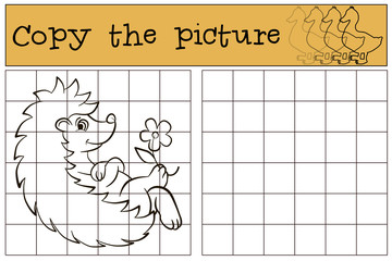 Children games: Copy the picture. Little cute hedgehog with a flower in the paw.