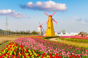 colorful tulips and wooden windmills in the park - 108594702