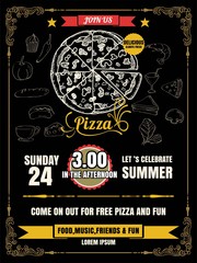 Vintage vector pizza party flyer invitation template design