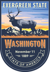 Вашингтон, эмблема штата США, олень Рузвельта на рассвете на синем фоне