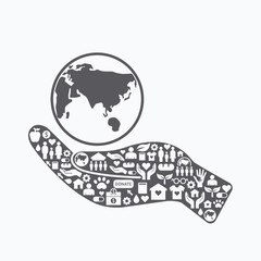 Elements are small icons charity and donation on silhouette hand