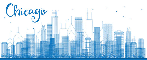 Outline Chicago city skyline with blue skyscrapers.