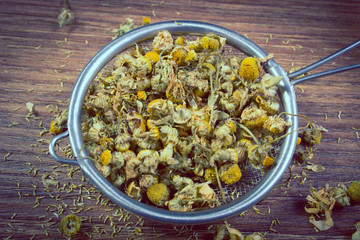 Vintage photo, Dried chamomile on metal sieve, alternative medicine