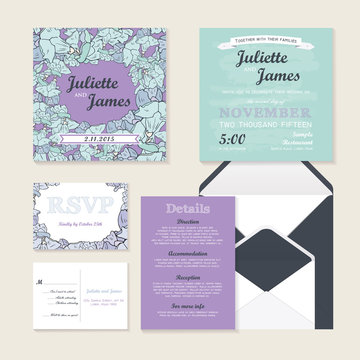 Wedding invitation set with abstract floral background
